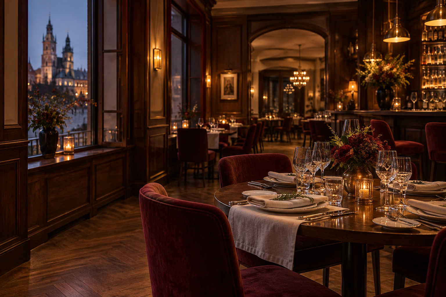 Wieczorna sala restauracji Miodowy Zmrok w Krakowie